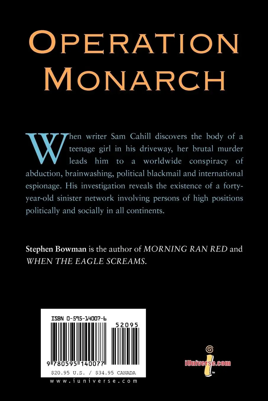 Rückseite: 9780595140077 | Operation Monarch | A Conspiracy Novel | Stephen Bowman | Taschenbuch