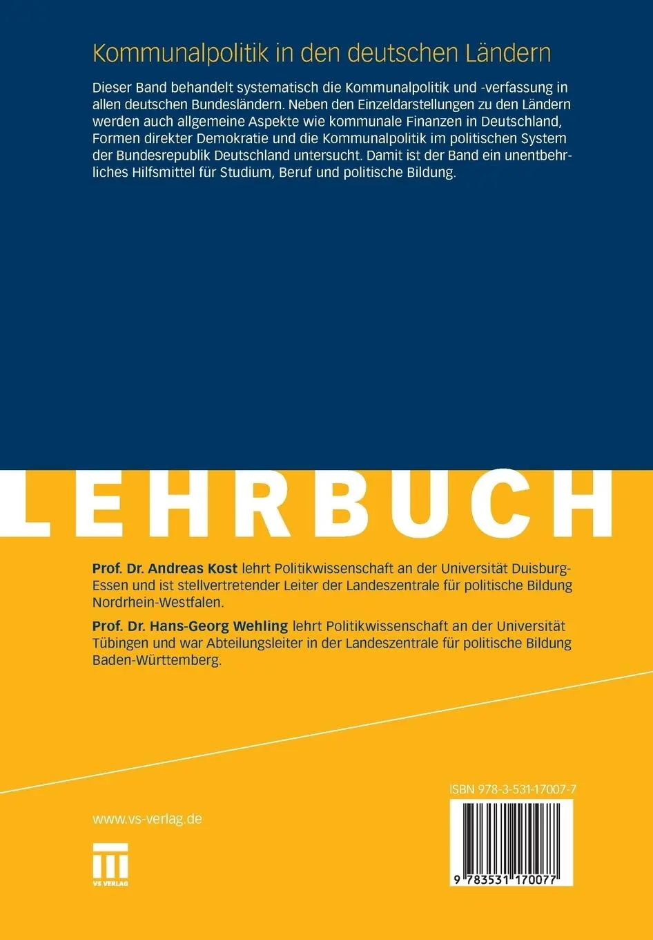 Rückseite: 9783531170077 | Kommunalpolitik in den deutschen Ländern | Eine Einführung | Buch