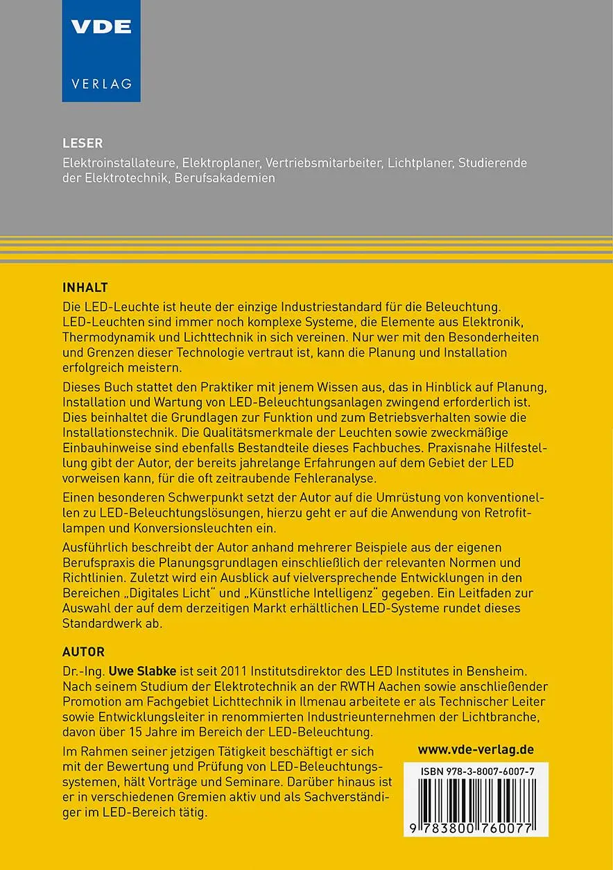 Rückseite: 9783800760077 | LED-Beleuchtungstechnik | Uwe Slabke | Taschenbuch | 259 S. | Deutsch