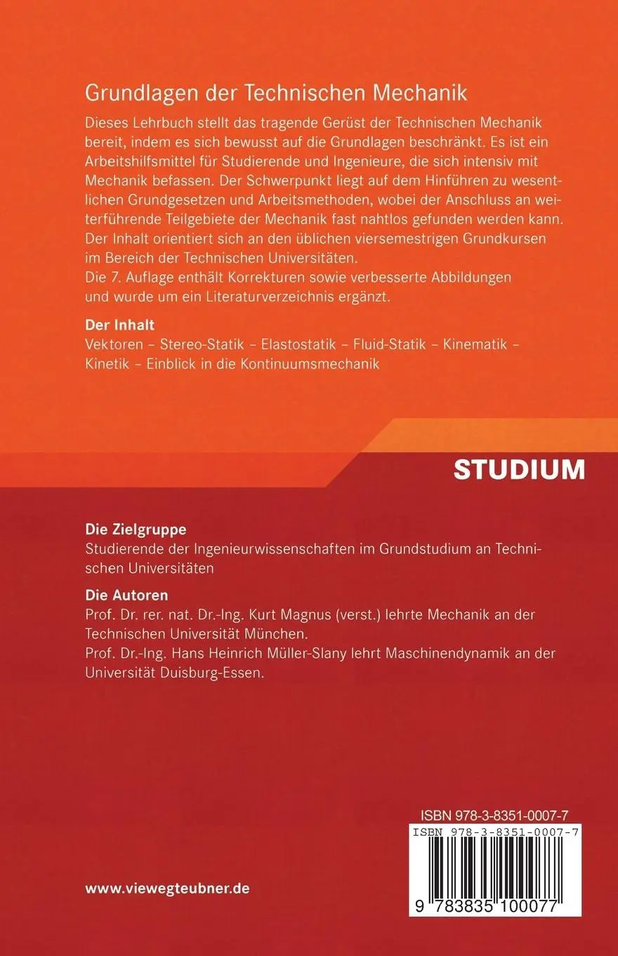 Rückseite: 9783835100077 | Grundlagen der Technischen Mechanik | Hans H. Müller-Slany (u. a.)