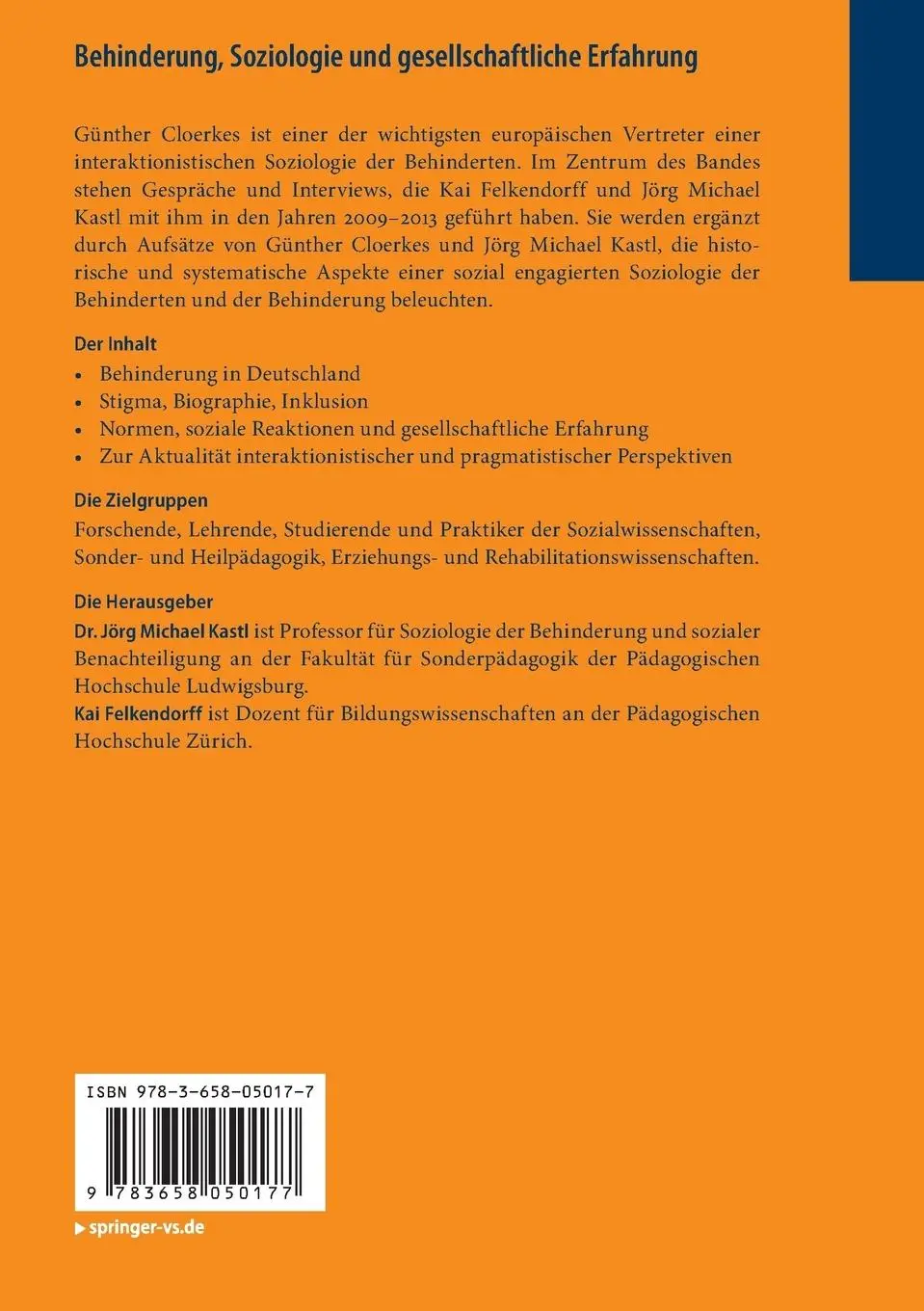 Rückseite: 9783658050177 | Behinderung, Soziologie und gesellschaftliche Erfahrung | Taschenbuch