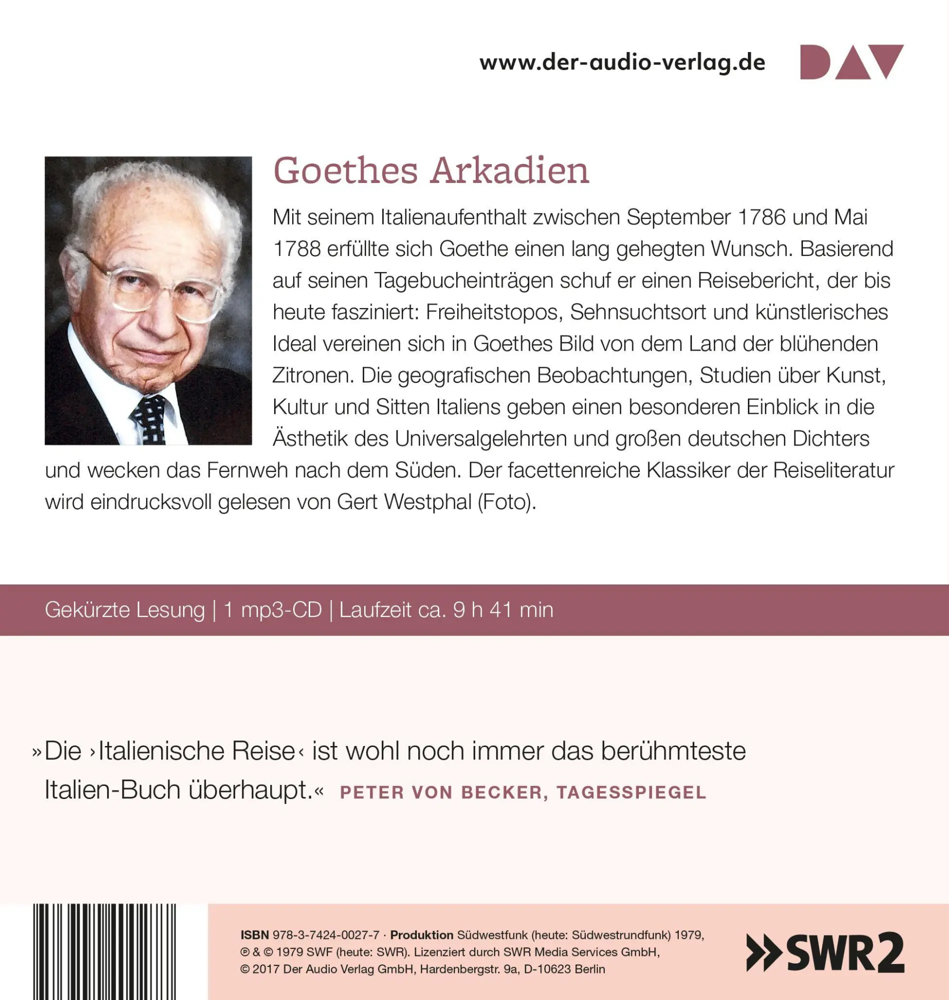 Rückseite: 9783742400277 | Italienische Reise | Lesung mit Gert Westphal | Goethe | MP3 | 1 CD