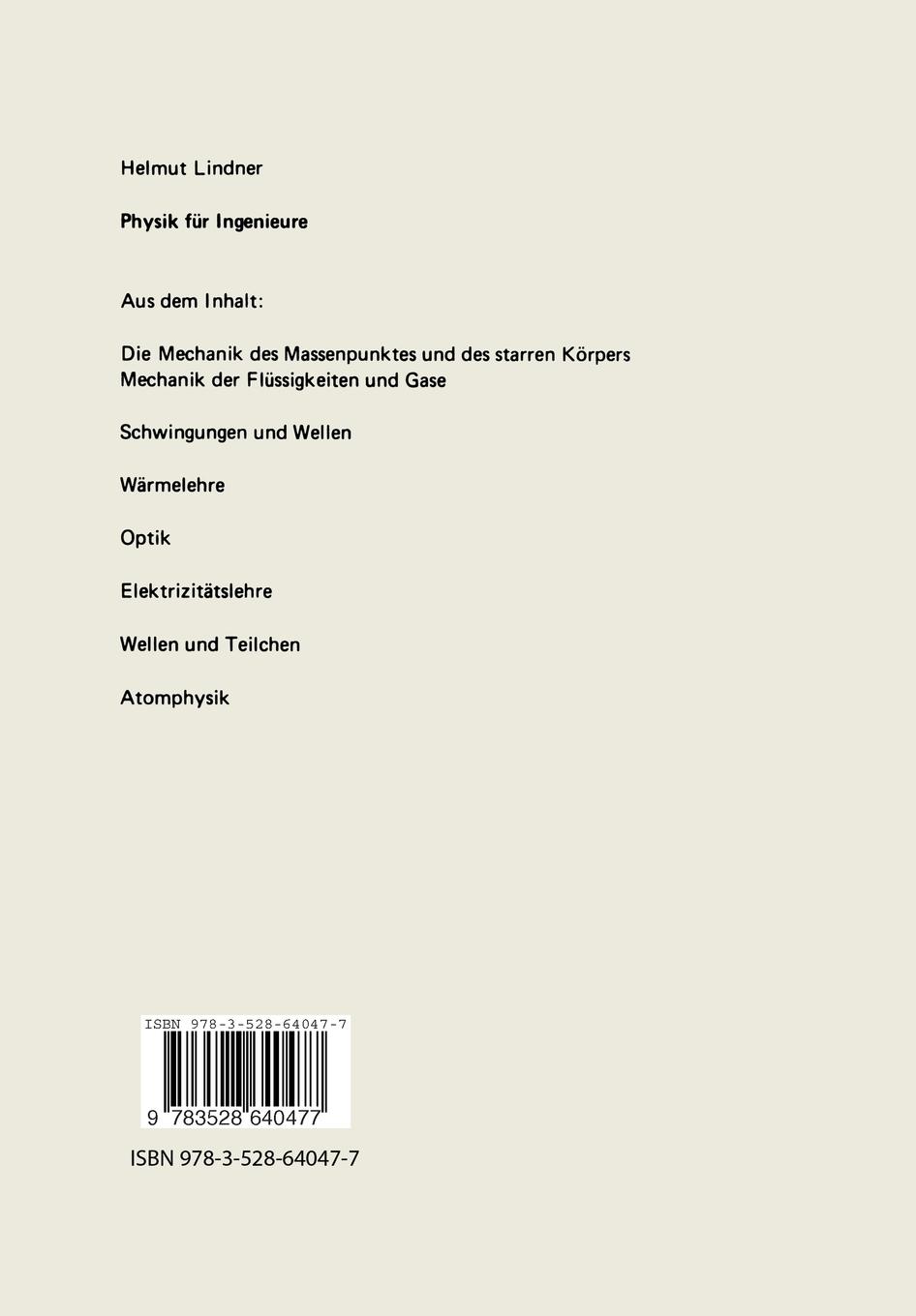 Rückseite: 9783528640477 | Physik für Ingenieure | Helmut Lindner | Taschenbuch | 576 S. | 1989