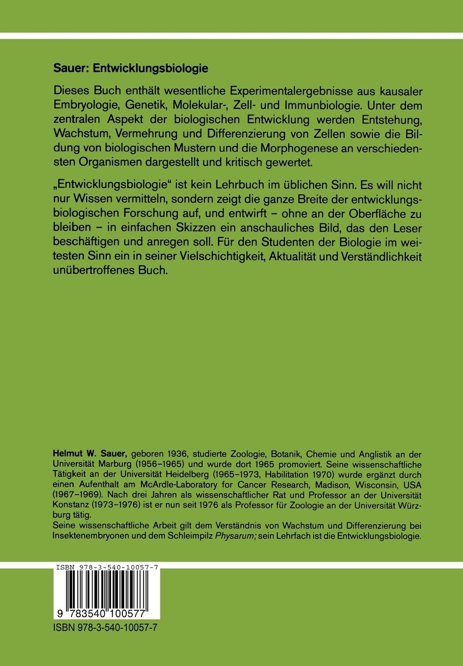 Rückseite: 9783540100577 | Entwicklungsbiologie | Ansätze zu einer Synthese | Helmut W. Sauer