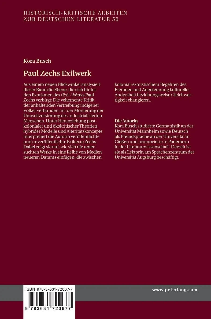 Rückseite: 9783631720677 | Paul Zechs Exilwerk | Kora Busch | Buch | Gebunden | Deutsch | 2017