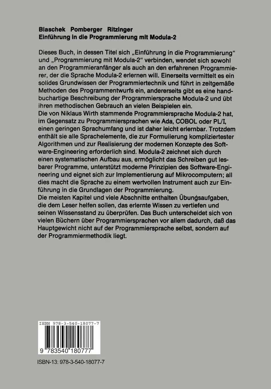 Rückseite: 9783540180777 | Einführung in die Programmierung mit Modula-2 | Blaschek (u. a.) | vii