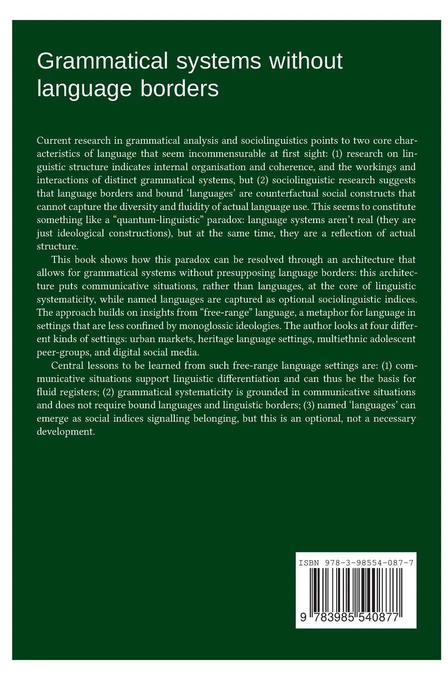 Rückseite: 9783985540877 | Grammatical systems without language borders | Heike Wiese | Buch