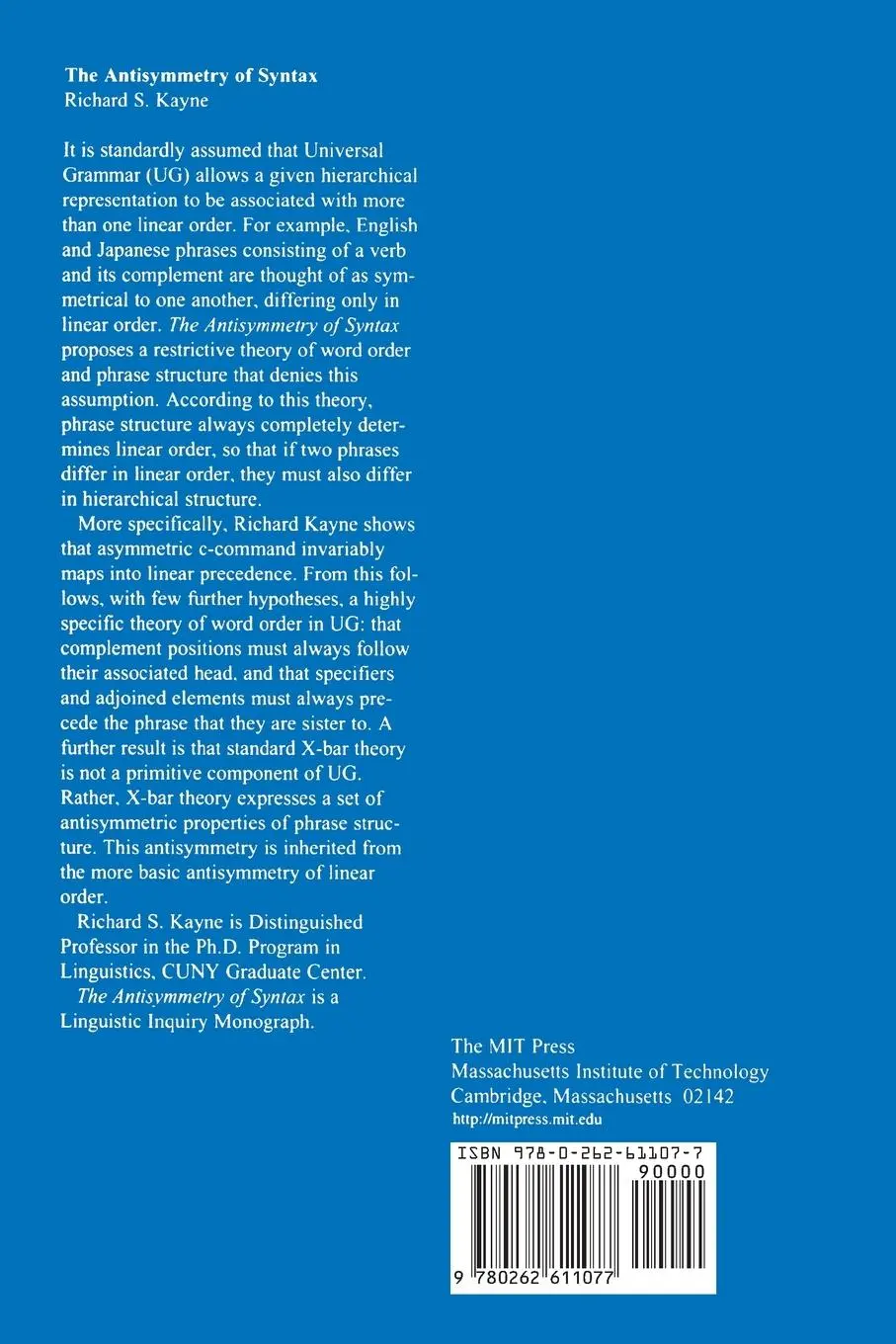 Rückseite: 9780262611077 | The Antisymmetry of Syntax | Richard S. Kayne | Taschenbuch | Englisch