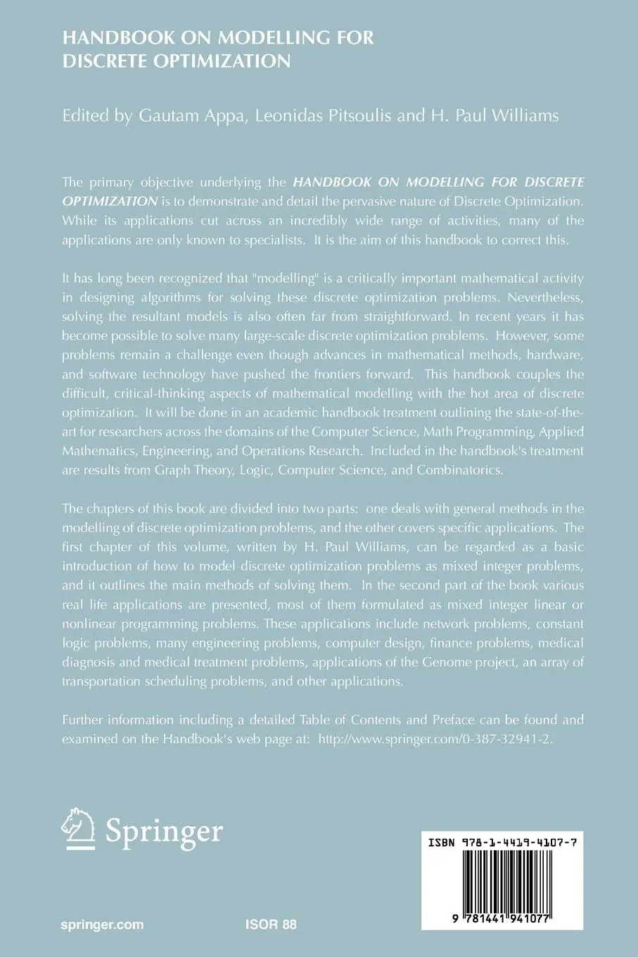 Rückseite: 9781441941077 | Handbook on Modelling for Discrete Optimization | Appa (u. a.) | Buch