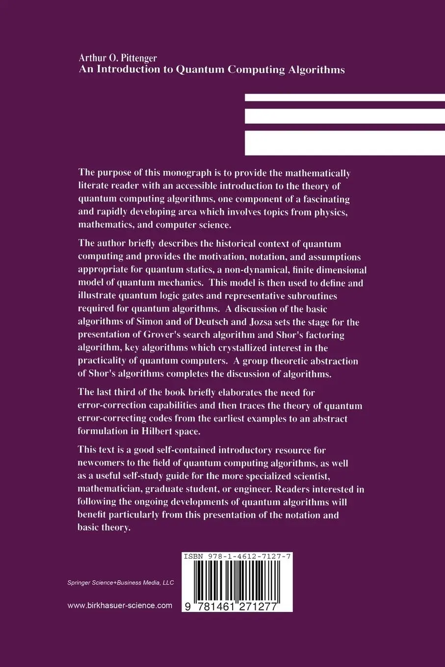 Rückseite: 9781461271277 | An Introduction to Quantum Computing Algorithms | Arthur O. Pittenger