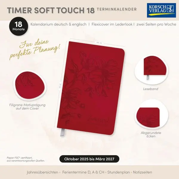 Bild: 9783731891277 | Timer Soft Touch 18 Monate wasserblau 2026/2027 | Verlag Korsch | Buch