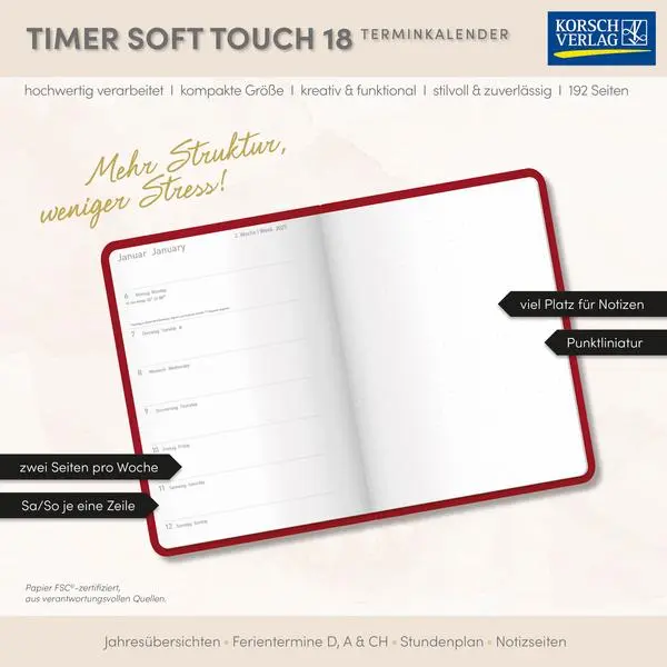 Bild: 9783731891277 | Timer Soft Touch 18 Monate wasserblau 2026/2027 | Verlag Korsch | Buch