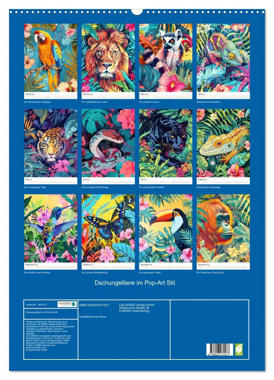 Bild: 9783516271577 | Dschungeltiere im Pop-Art Stil (Wandkalender 2026 DIN A2 hoch),...