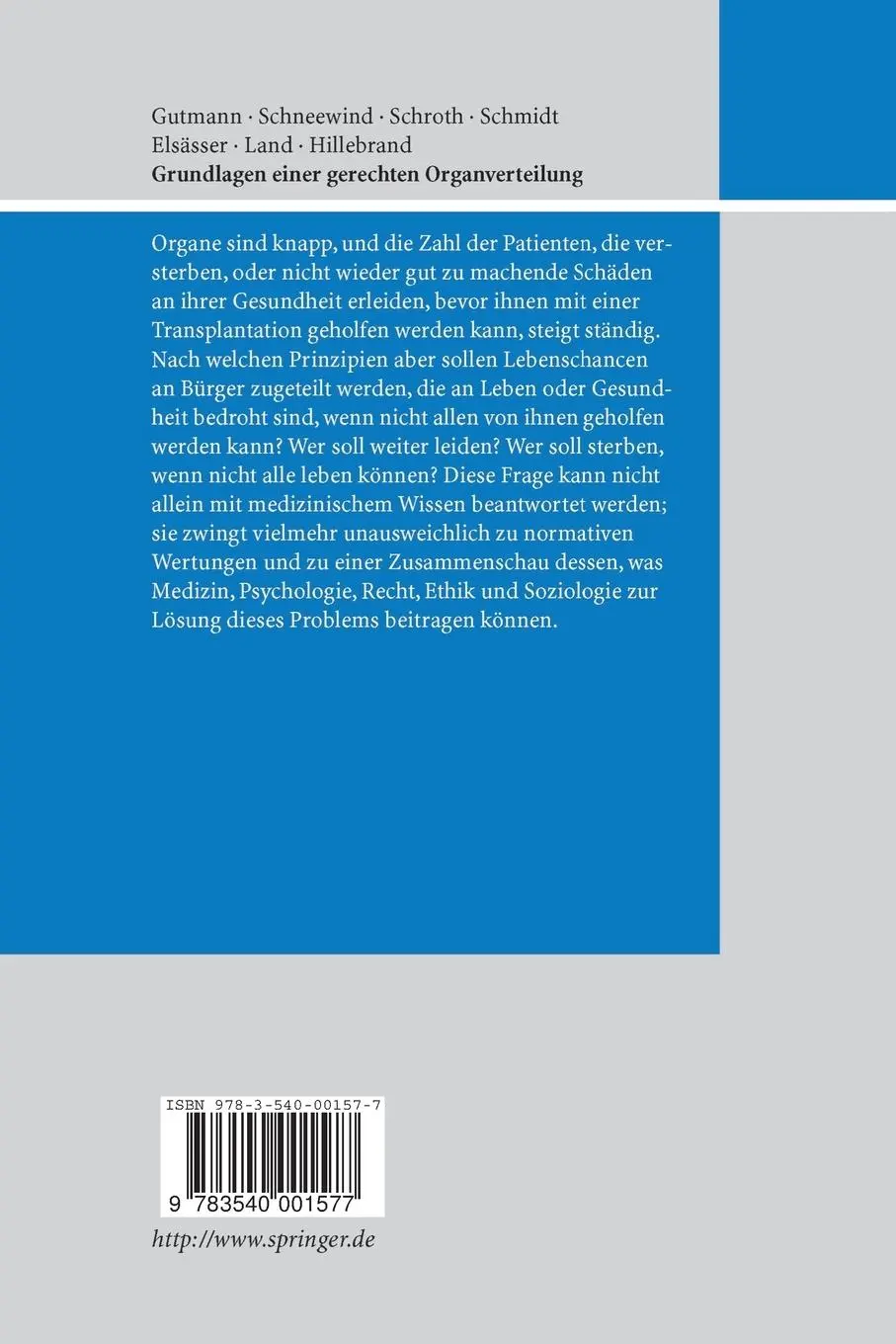Rückseite: 9783540001577 | Grundlagen einer gerechten Organverteilung | Walter Land (u. a.)