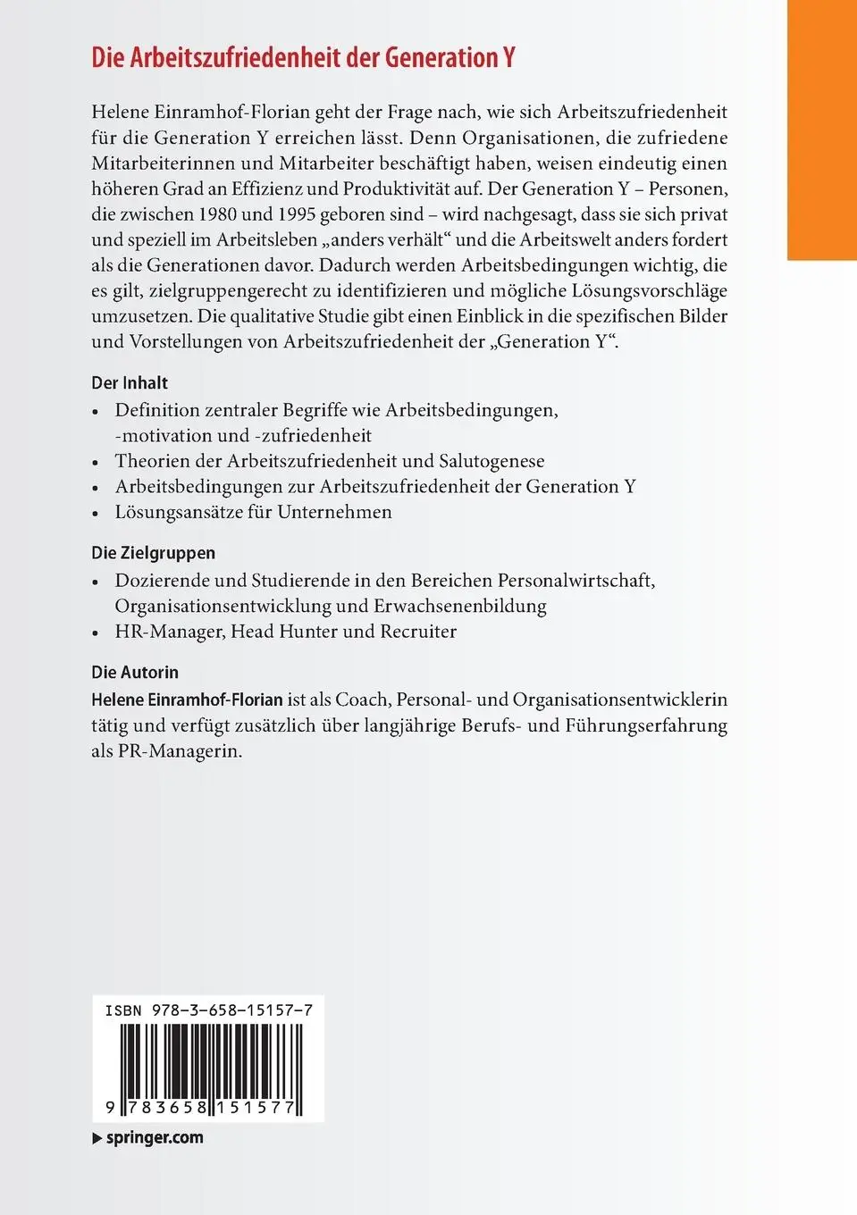 Rückseite: 9783658151577 | Die Arbeitszufriedenheit der Generation Y | Helene Einramhof-Florian