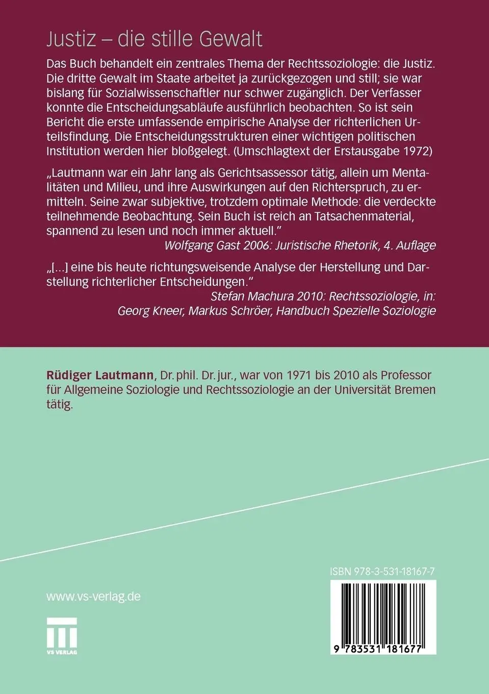 Rückseite: 9783531181677 | Justiz - die stille Gewalt | Rüdiger Lautmann | Taschenbuch | 243 S.