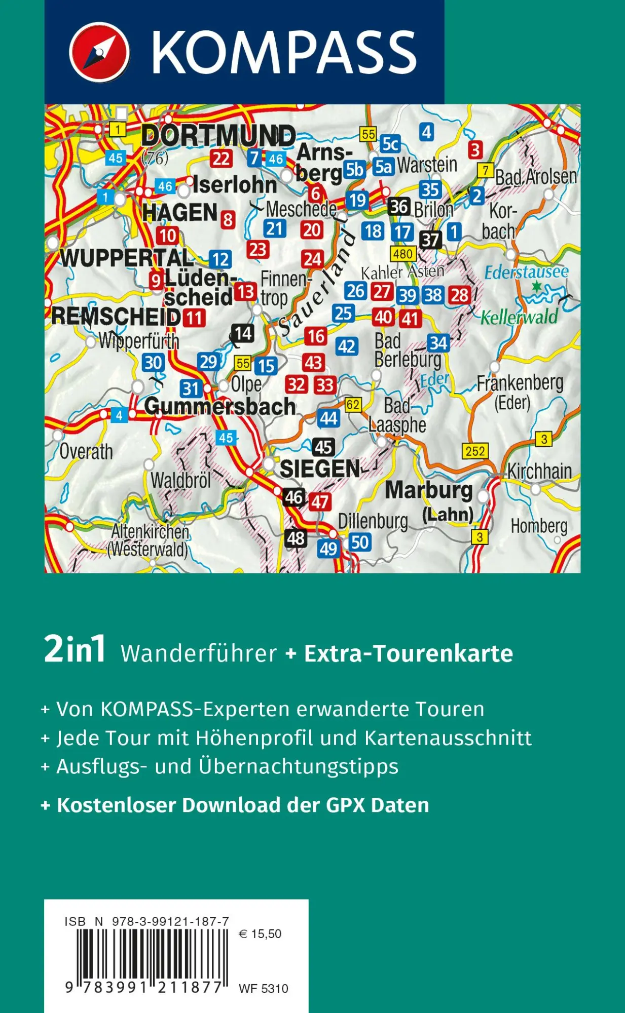 Rückseite: 9783991211877 | KOMPASS Wanderführer Sauerland mit Rothaarsteig, 50 Touren mit...