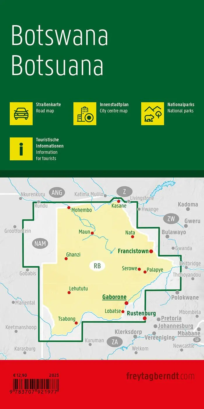 Rückseite: 9783707921977 | Botsuana, Straßenkarte 1:1.100.000, freytag &amp; berndt | Berndt | 2023