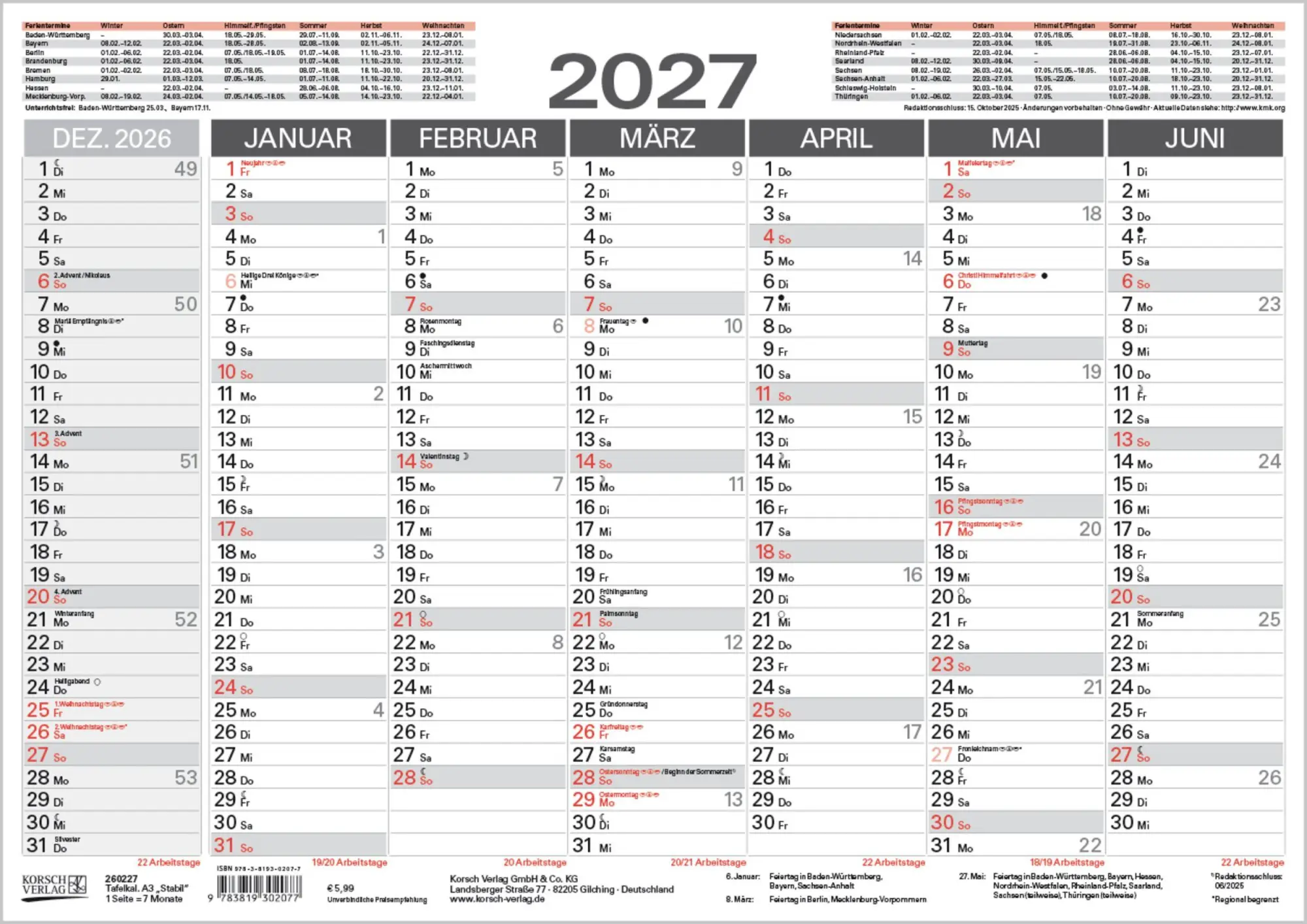 Cover: 9783819302077 | Tafelkalender A3 "Stabil" 2027 | Verlag Korsch | Kalender | 1 S.