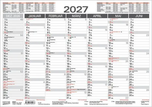 Bild: 9783819302077 | Tafelkalender A3 "Stabil" 2027 | Verlag Korsch | Kalender | 1 S.