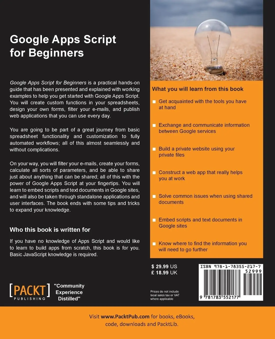 Rückseite: 9781783552177 | Google Apps Script for Beginners | Serge Insas | Taschenbuch | 2014