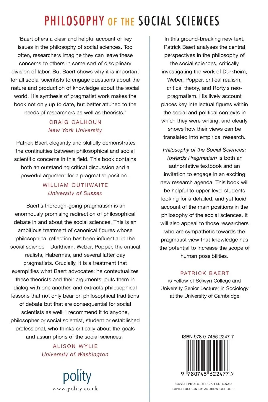 Rückseite: 9780745622477 | Philosophy of the Social Sciences | Towards Pragmatism | Patrick Baert