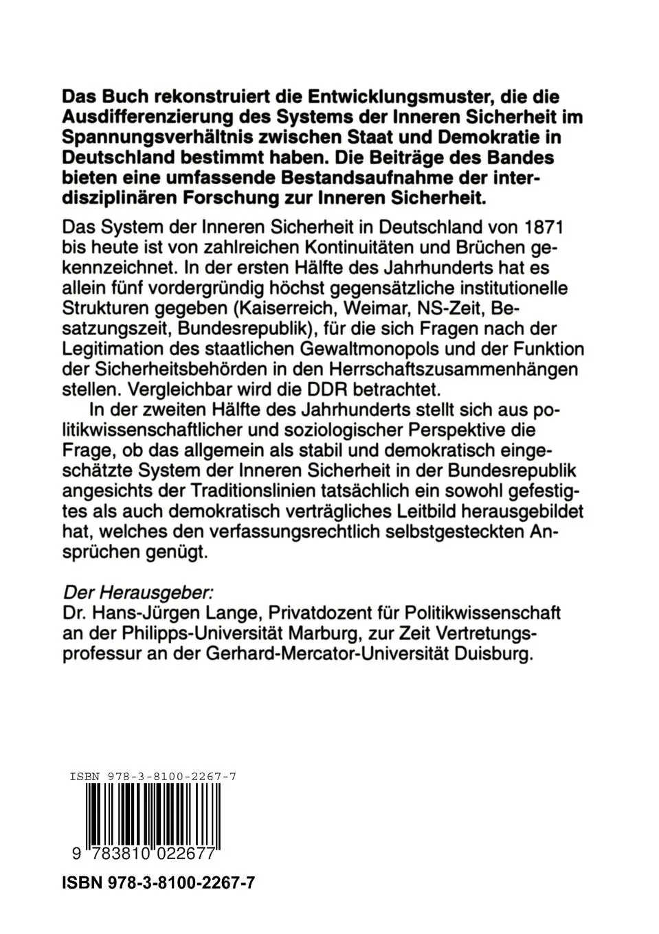 Rückseite: 9783810022677 | Staat, Demokratie und Innere Sicherheit in Deutschland | Lange | Buch
