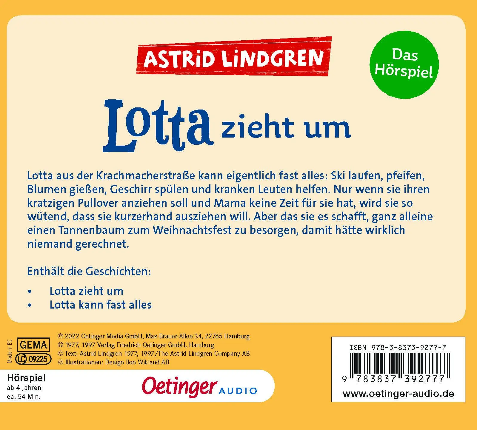 Rückseite: 9783837392777 | Lotta zieht um | Das Hörspiel | Astrid Lindgren | Audio-CD | Deutsch