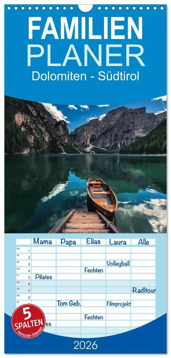 Cover: 9783516522877 | Familienplaner 2026 - Dolomiten - Südtirol mit 5 Spalten...