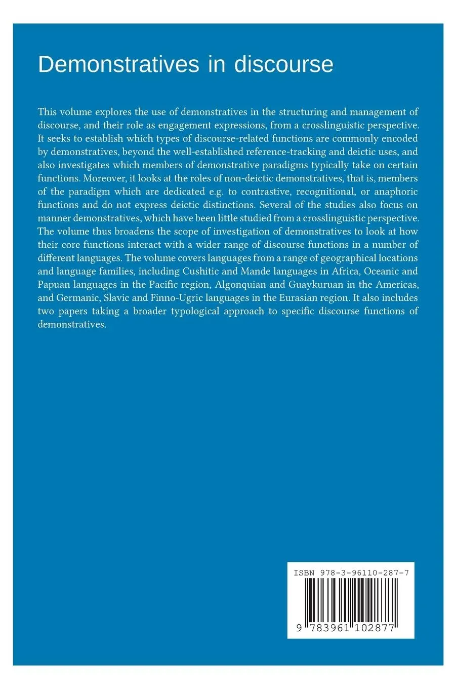 Rückseite: 9783961102877 | Demonstratives in discourse | Åshild Næss (u. a.) | Buch | Gebunden