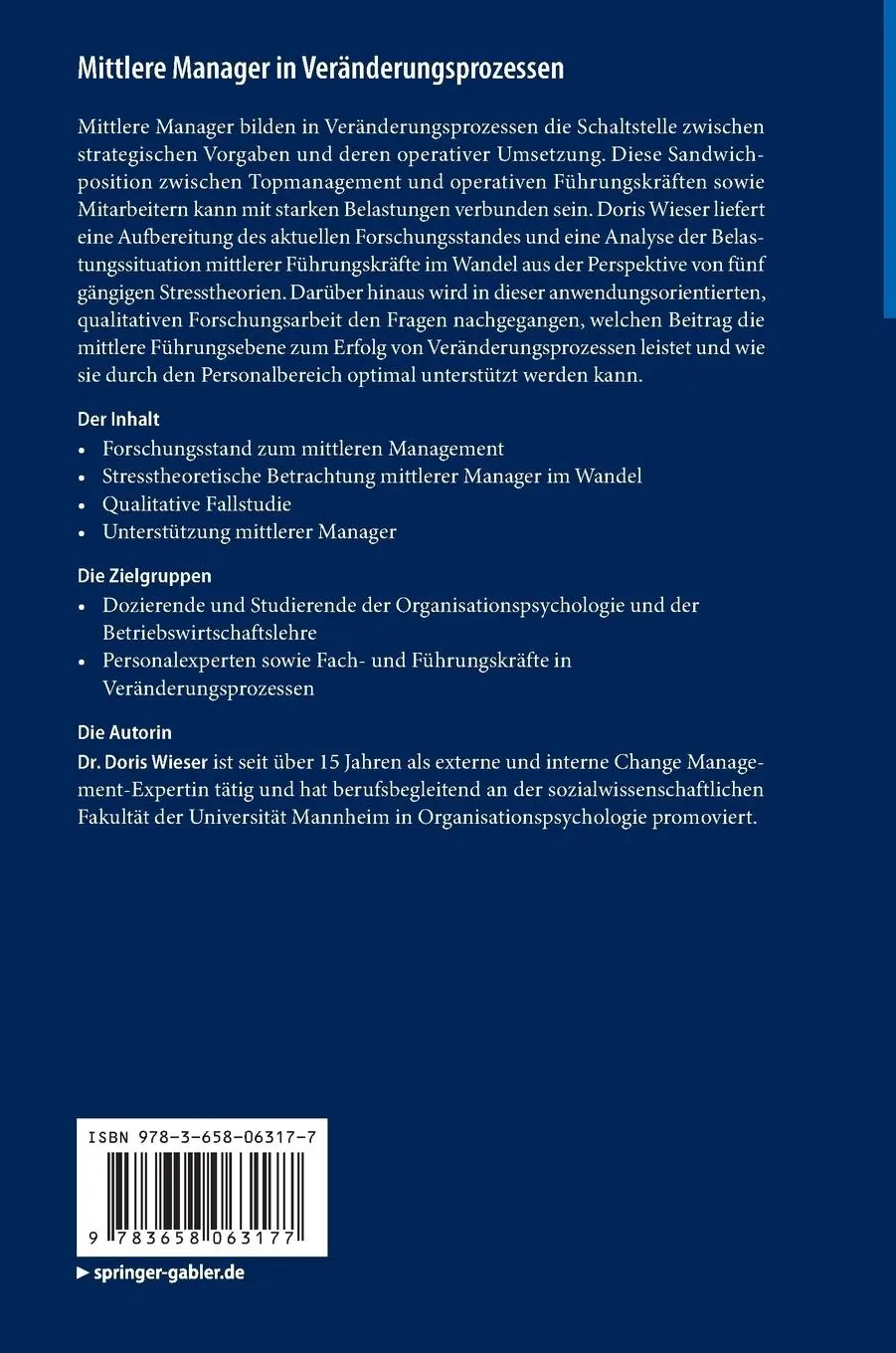 Rückseite: 9783658063177 | Mittlere Manager in Veränderungsprozessen | Doris Wieser | Buch | xvii