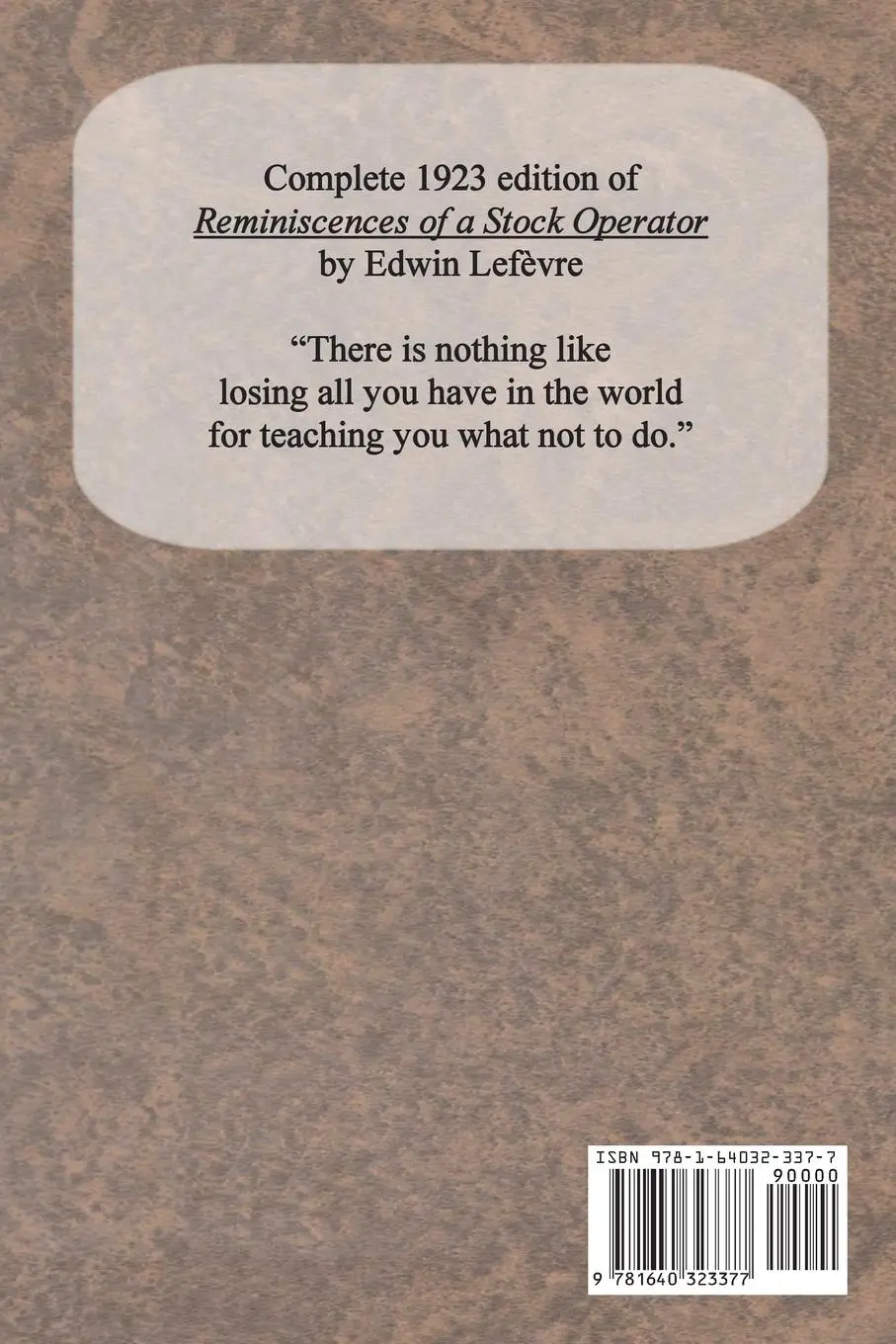 Rückseite: 9781640323377 | Reminiscences of a Stock Operator | Edwin Lefèvre | Taschenbuch
