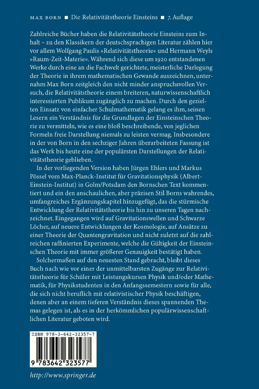Rückseite: 9783642323577 | Die Relativitätstheorie Einsteins | Max Born | Taschenbuch | xv | 2012