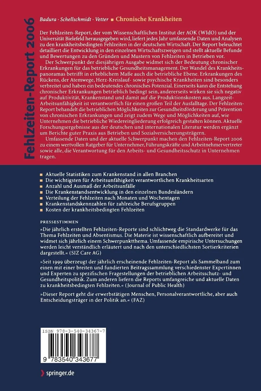 Rückseite: 9783540343677 | Fehlzeiten-Report 2006 | Chronische Krankheiten | Badura (u. a.) | xv