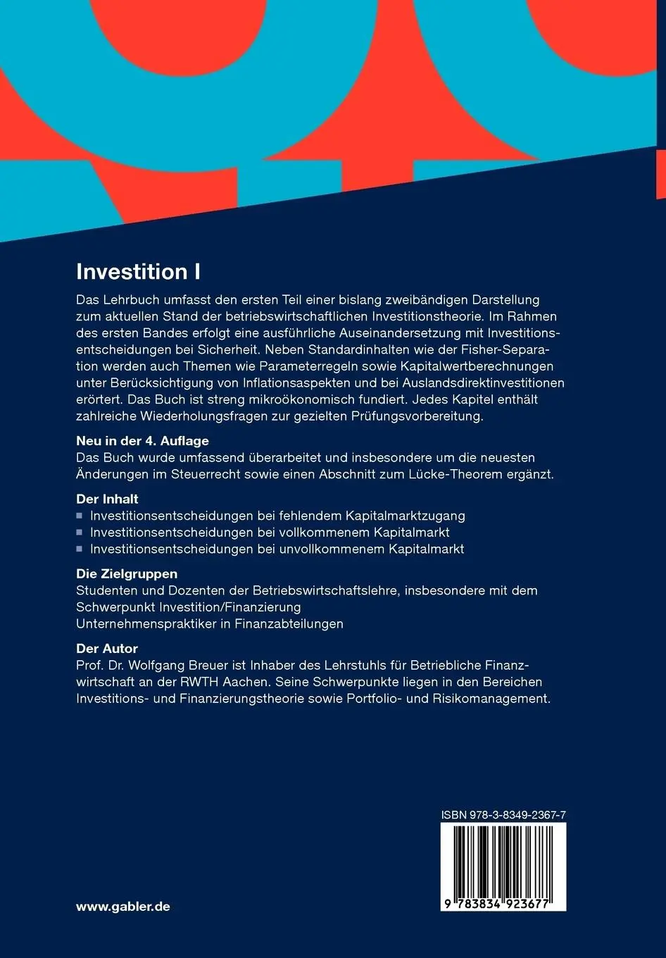 Rückseite: 9783834923677 | Investition I | Entscheidungen bei Sicherheit | Wolfgang Breuer | Buch