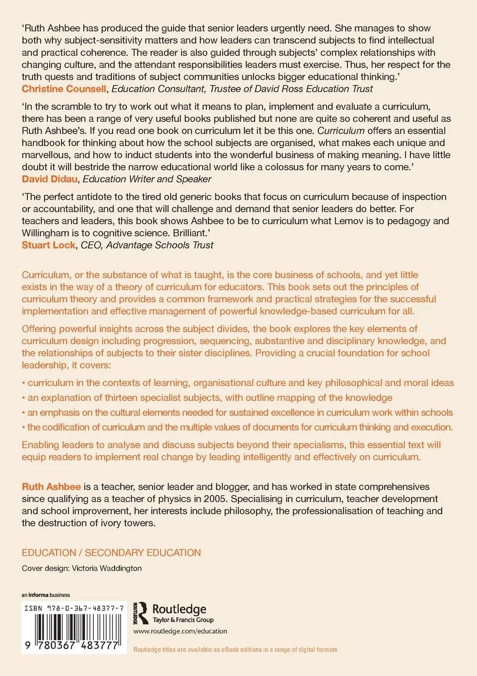 Rückseite: 9780367483777 | Curriculum | Theory, Culture and the Subject Specialisms | Ruth Ashbee