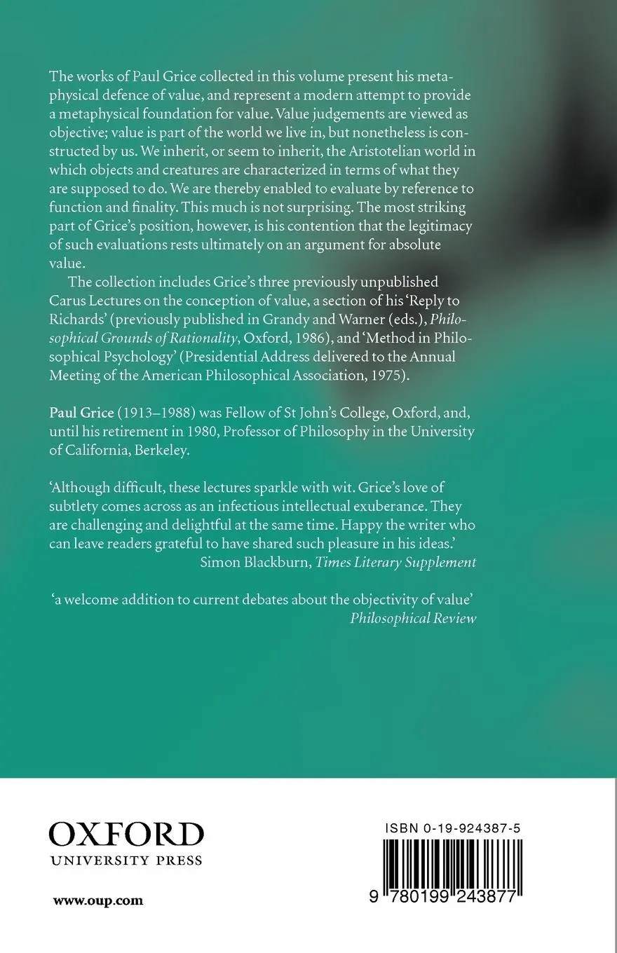 Rückseite: 9780199243877 | The Conception of Value | Paul Grice | Taschenbuch | Englisch | 2001