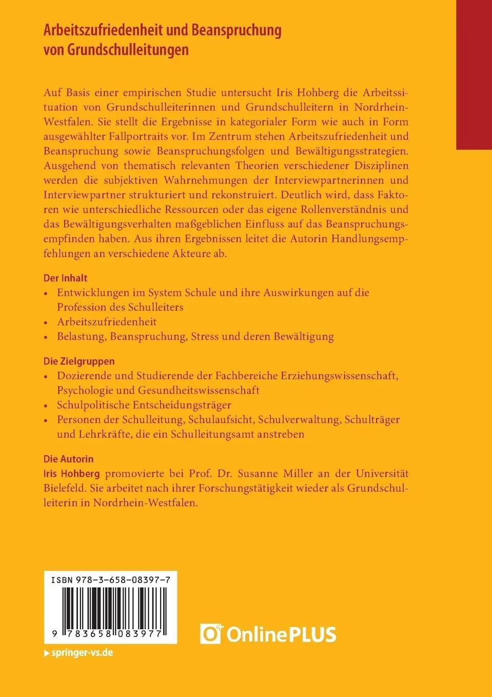Rückseite: 9783658083977 | Arbeitszufriedenheit und Beanspruchung von Grundschulleitungen | Buch