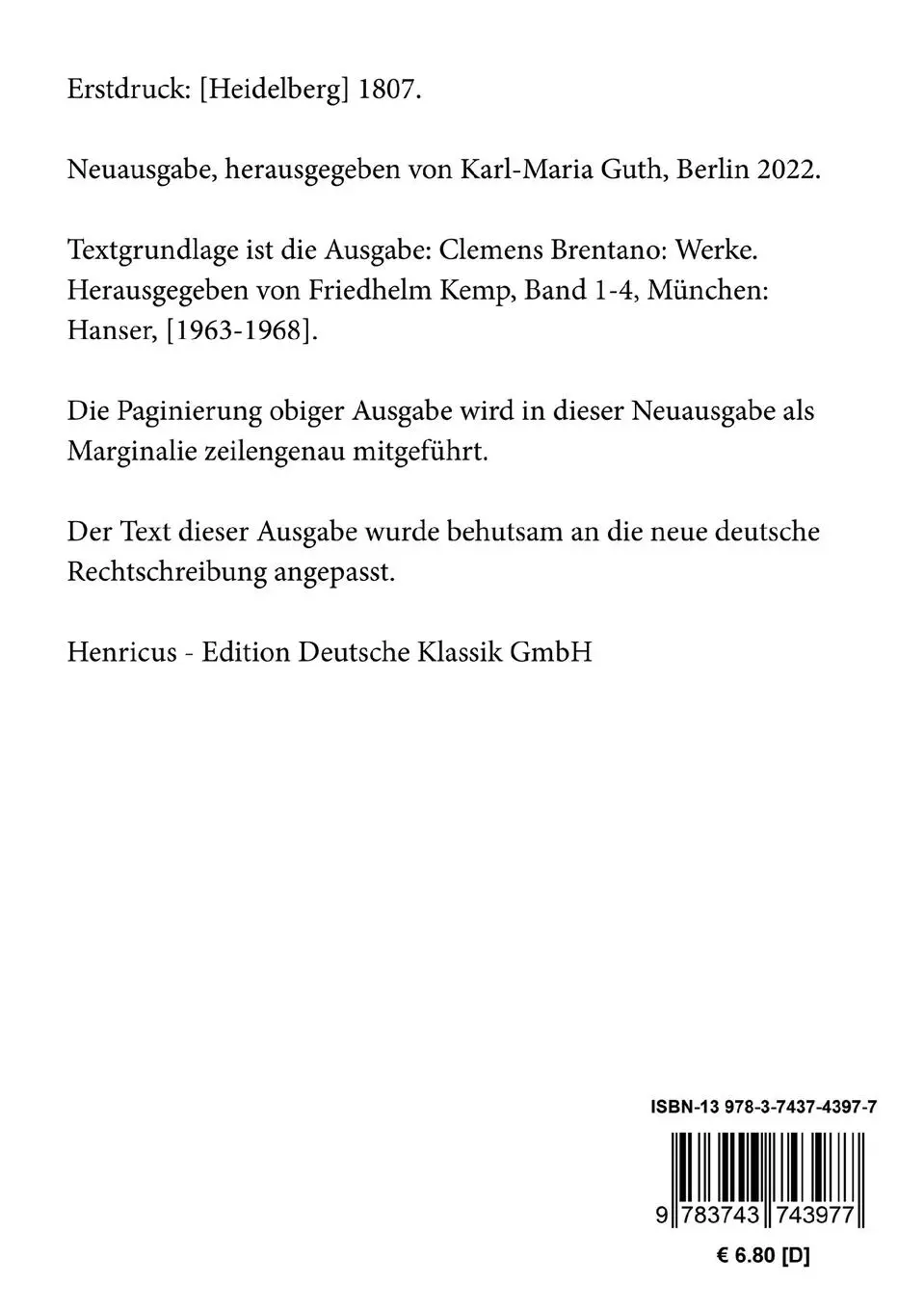 Rückseite: 9783743743977 | Geschichte von BOGS dem Uhrmacher | Clemens Brentano (u. a.) | Buch