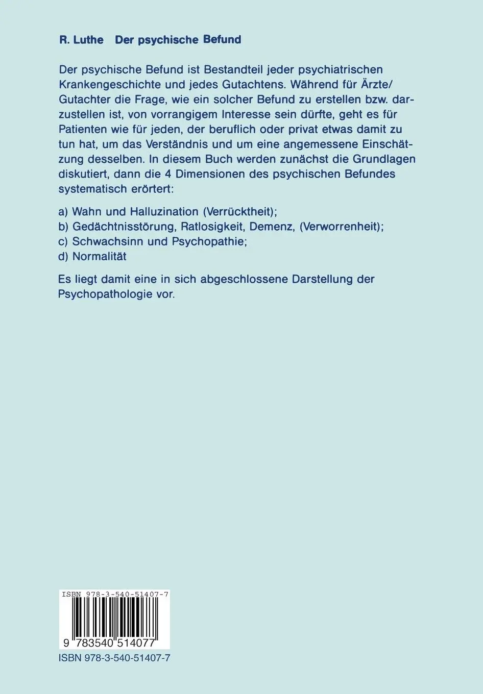 Rückseite: 9783540514077 | Der psychische Befund | Rainer Luthe | Taschenbuch | xi | Deutsch