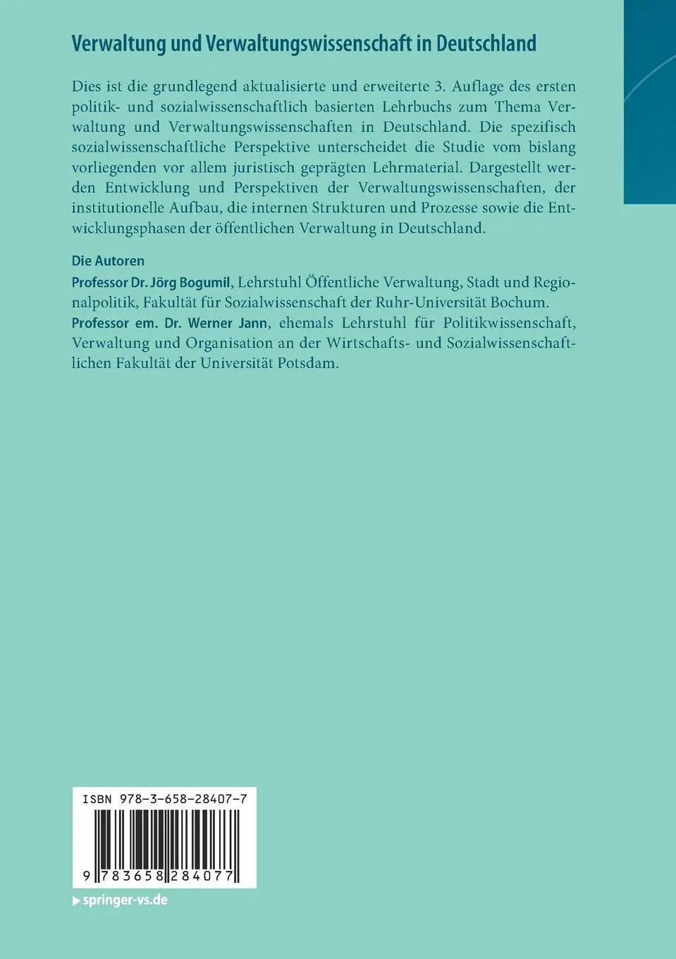 Rückseite: 9783658284077 | Verwaltung und Verwaltungswissenschaft in Deutschland | Jann (u. a.)