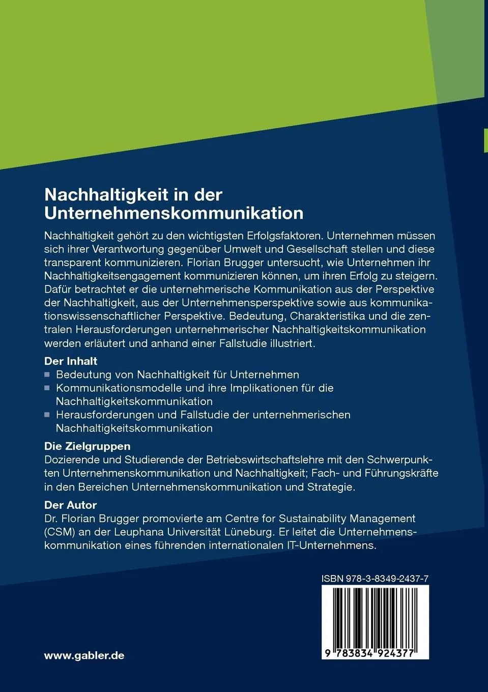 Rückseite: 9783834924377 | Nachhaltigkeit in der Unternehmenskommunikation | Florian Brugger | xx
