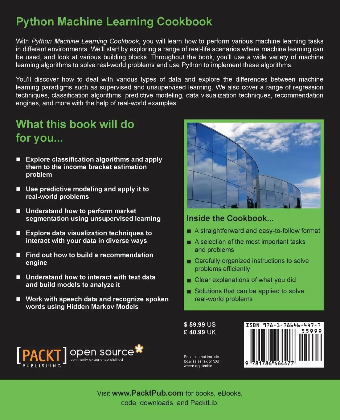 Rückseite: 9781786464477 | Python Machine Learning Cookbook | Prateek Joshi | Taschenbuch | 2016