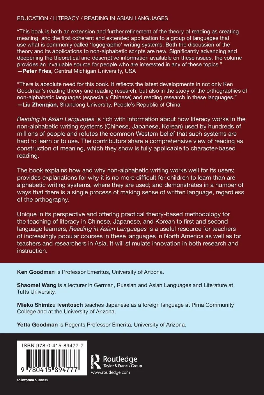 Rückseite: 9780415894777 | Reading in Asian Languages | Kenneth S. Goodman (u. a.) | Taschenbuch