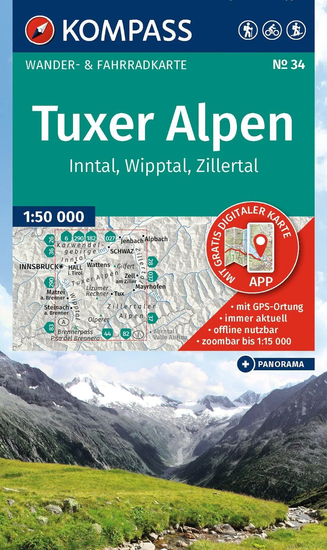Cover: 9783991544777 | KOMPASS Wanderkarte 34 Tuxer Alpen, Inntal, Wipptal, Zillertal...
