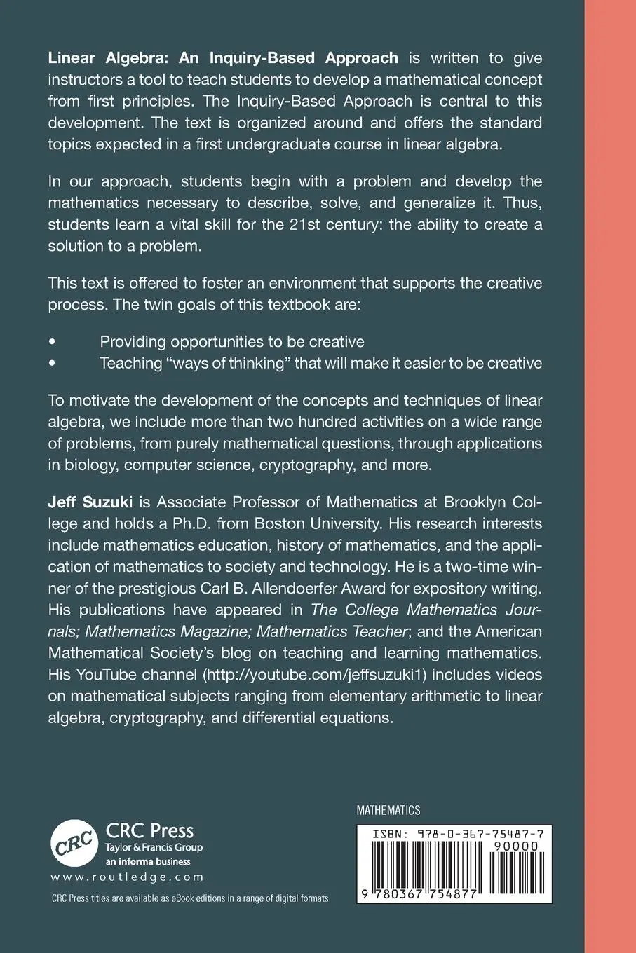 Rückseite: 9780367754877 | Linear Algebra | An Inquiry-Based Approach | Jeff Suzuki | Taschenbuch