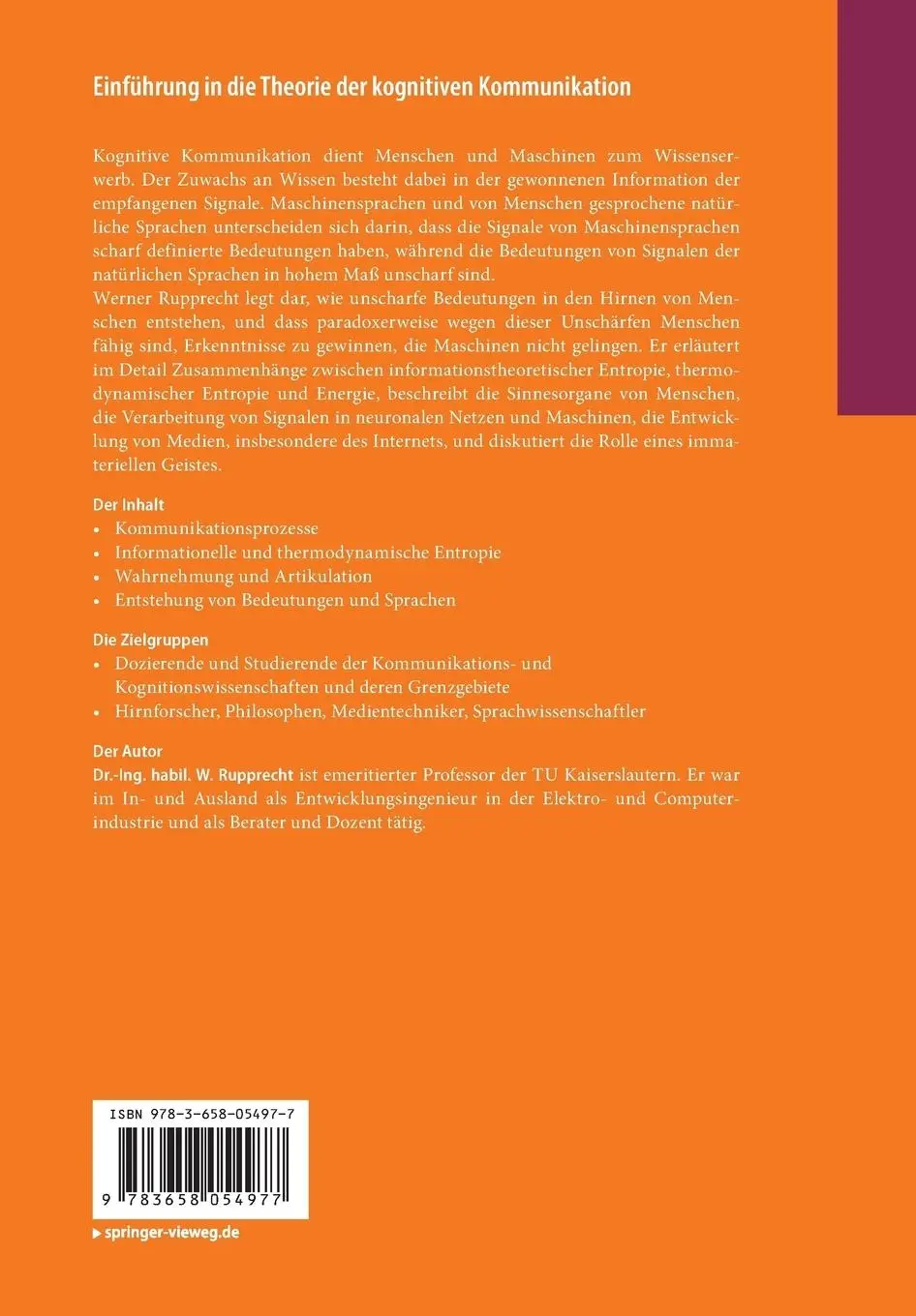 Rückseite: 9783658054977 | Einführung in die Theorie der kognitiven Kommunikation | Rupprecht