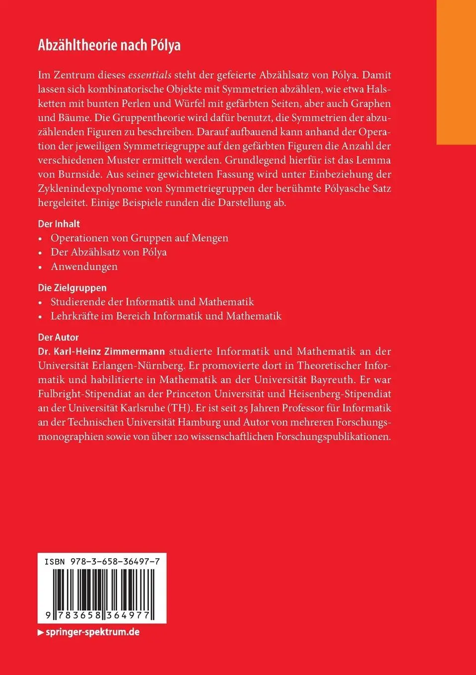Rückseite: 9783658364977 | Abzähltheorie nach Pólya | Karl-Heinz Zimmermann | Taschenbuch | 2022