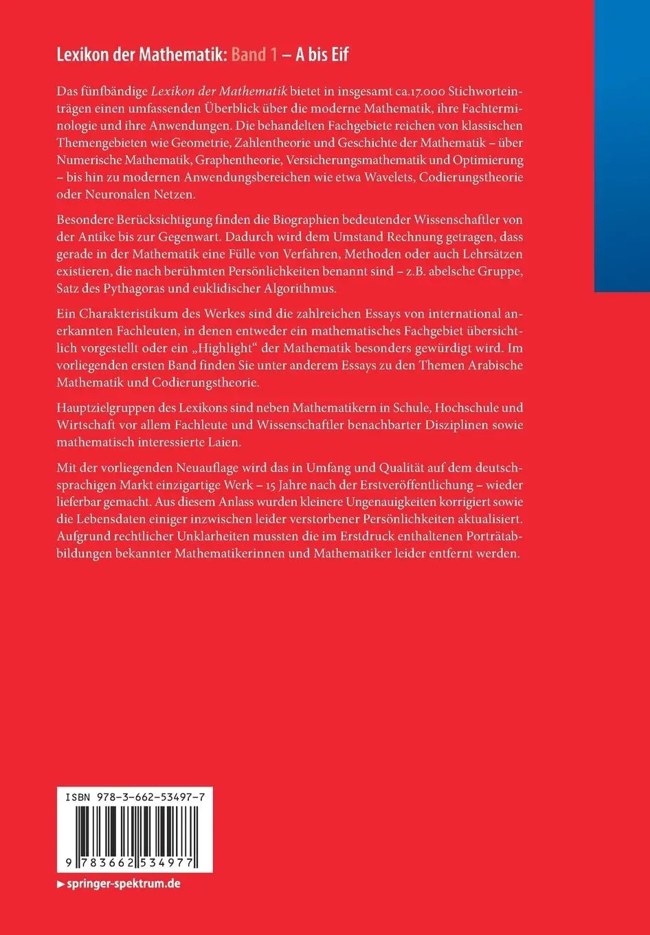 Rückseite: 9783662534977 | Lexikon der Mathematik: Band 1 | A bis Eif | Guido Walz | Taschenbuch