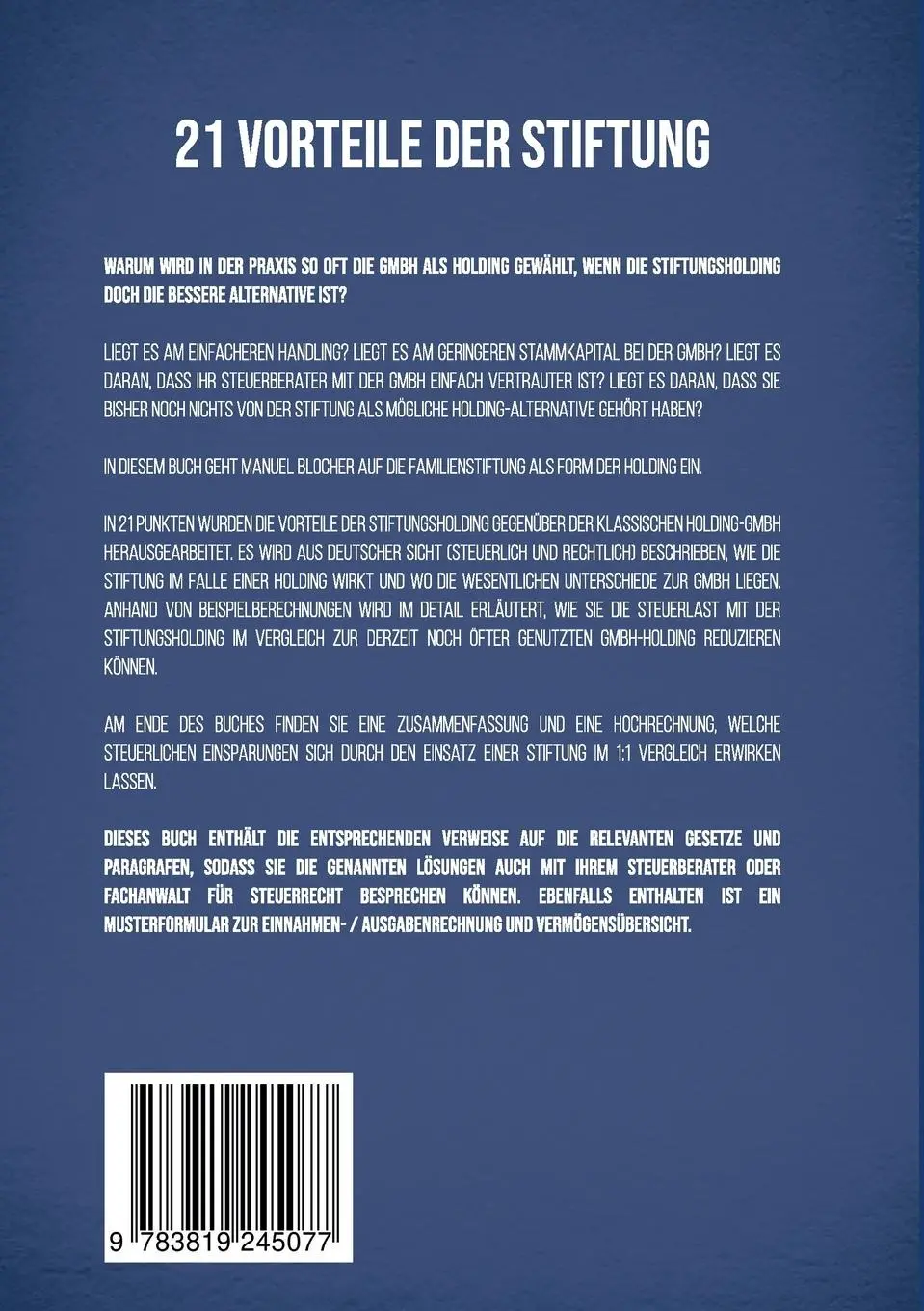 Rückseite: 9783819245077 | Die Stiftungsholding Teil II | 21 Vorteile der Stiftung | Blocher